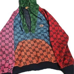 Gucci Zip Up Sweater in Green and Red with Iconic Monogram